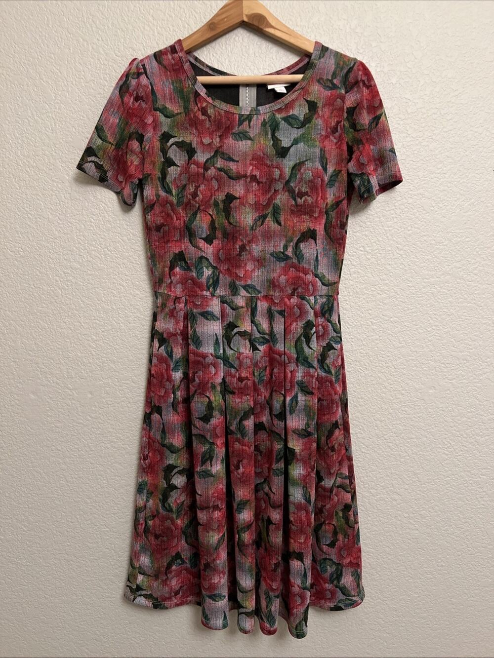 LuLaRoe Amelia Pleated Fit & Flare Stretch Dress w/ Pockets Floral Large Sz M